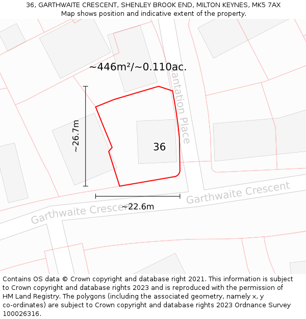 36, GARTHWAITE CRESCENT, SHENLEY BROOK END, MILTON KEYNES, MK5 7AX: Plot and title map