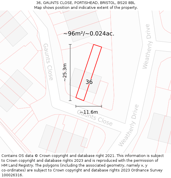 36, GAUNTS CLOSE, PORTISHEAD, BRISTOL, BS20 8BL: Plot and title map