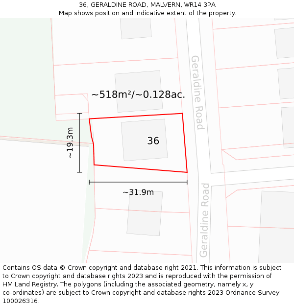 36, GERALDINE ROAD, MALVERN, WR14 3PA: Plot and title map