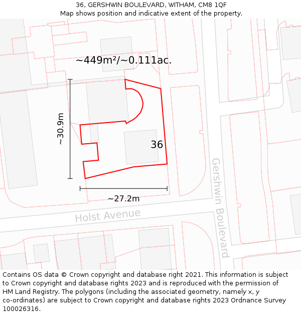 36, GERSHWIN BOULEVARD, WITHAM, CM8 1QF: Plot and title map