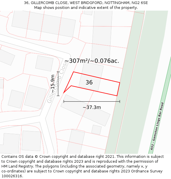 36, GILLERCOMB CLOSE, WEST BRIDGFORD, NOTTINGHAM, NG2 6SE: Plot and title map