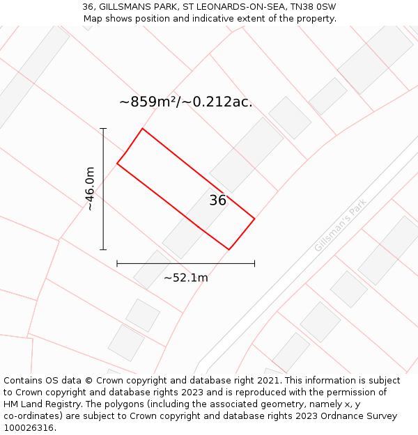 36, GILLSMANS PARK, ST LEONARDS-ON-SEA, TN38 0SW: Plot and title map