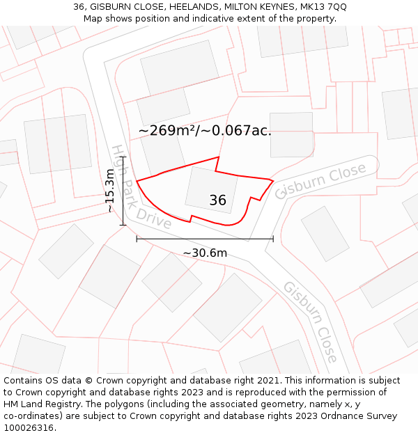 36, GISBURN CLOSE, HEELANDS, MILTON KEYNES, MK13 7QQ: Plot and title map
