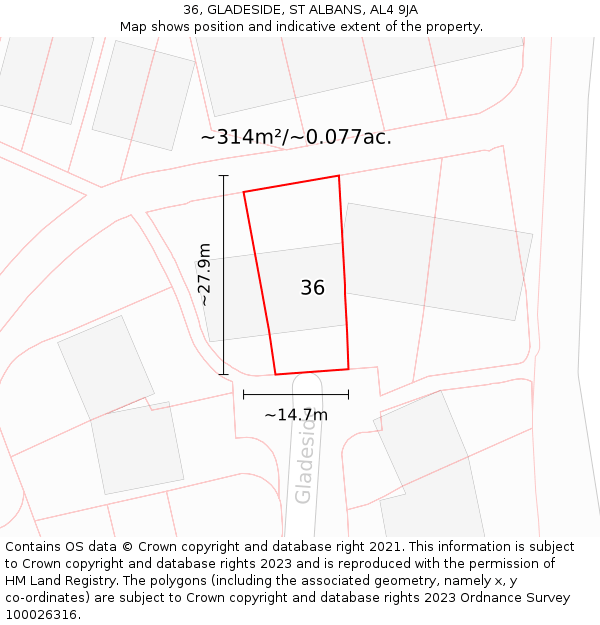 36, GLADESIDE, ST ALBANS, AL4 9JA: Plot and title map