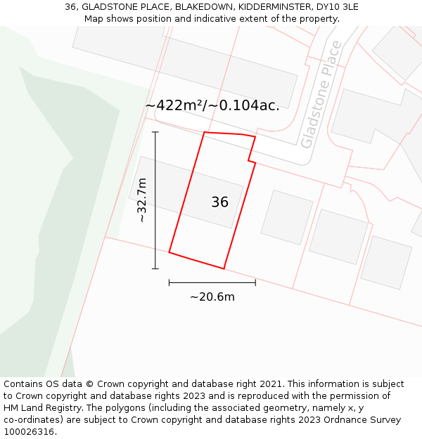 36, GLADSTONE PLACE, BLAKEDOWN, KIDDERMINSTER, DY10 3LE: Plot and title map