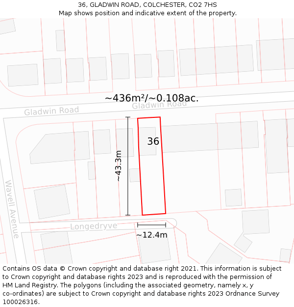 36, GLADWIN ROAD, COLCHESTER, CO2 7HS: Plot and title map