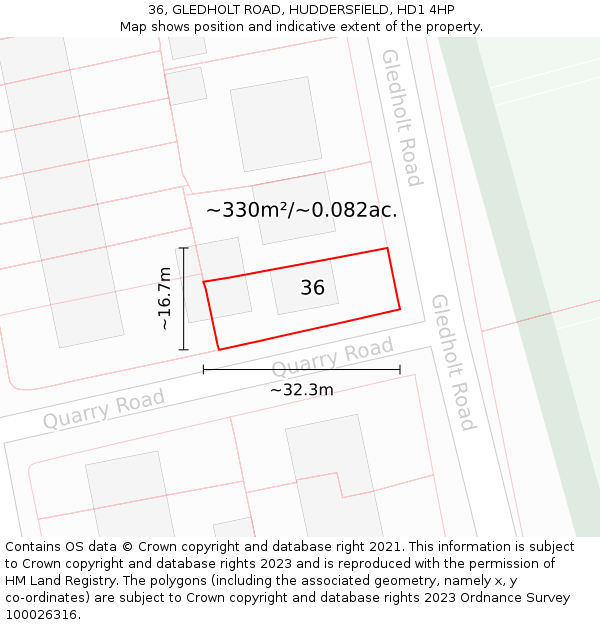 36, GLEDHOLT ROAD, HUDDERSFIELD, HD1 4HP: Plot and title map