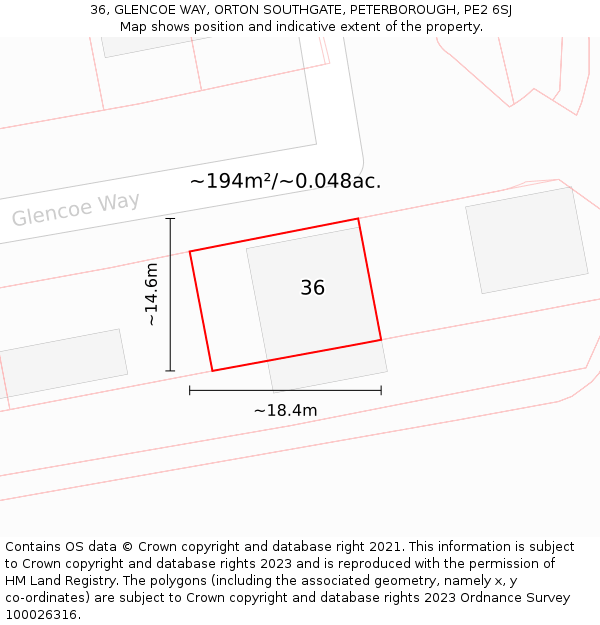 36, GLENCOE WAY, ORTON SOUTHGATE, PETERBOROUGH, PE2 6SJ: Plot and title map