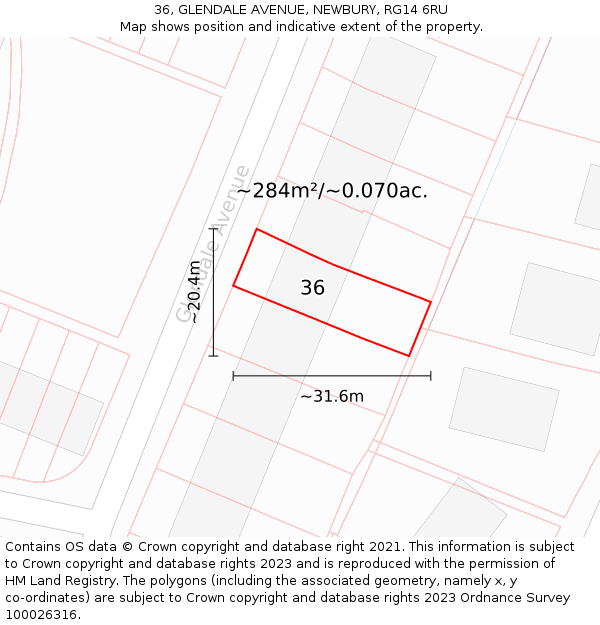 36, GLENDALE AVENUE, NEWBURY, RG14 6RU: Plot and title map