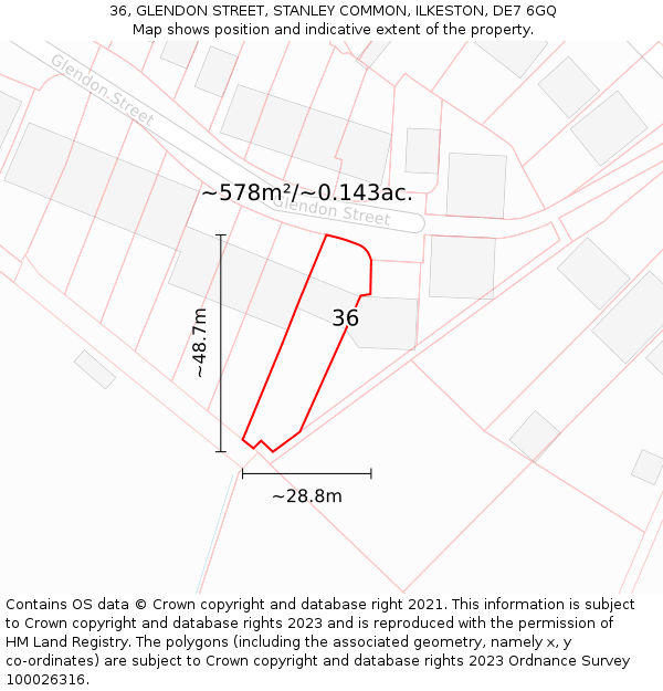 36, GLENDON STREET, STANLEY COMMON, ILKESTON, DE7 6GQ: Plot and title map