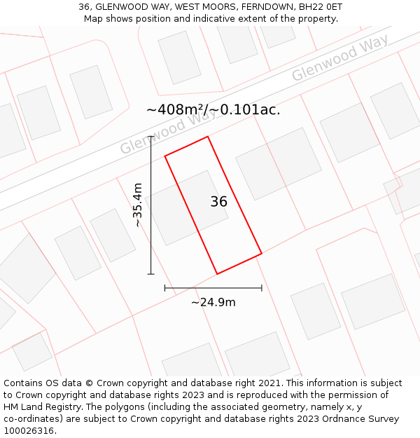 36, GLENWOOD WAY, WEST MOORS, FERNDOWN, BH22 0ET: Plot and title map