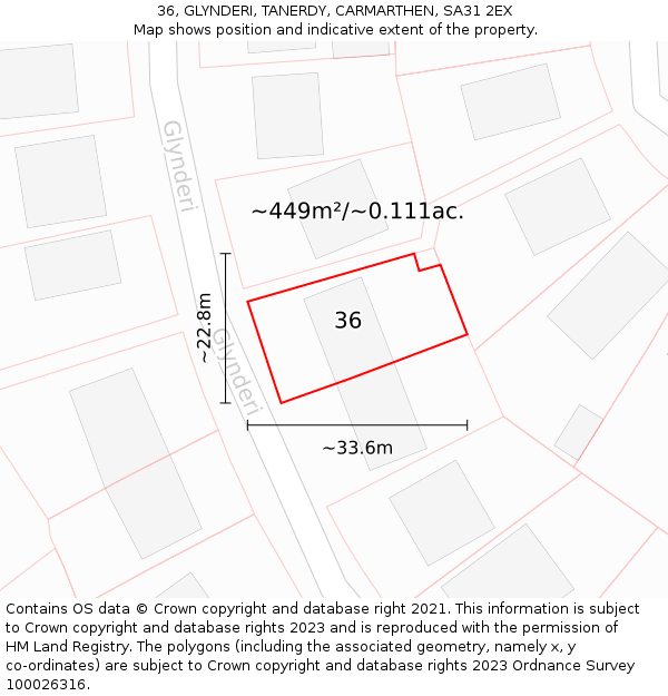 36, GLYNDERI, TANERDY, CARMARTHEN, SA31 2EX: Plot and title map