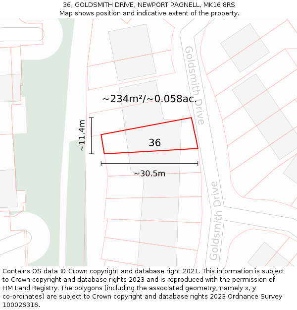 36, GOLDSMITH DRIVE, NEWPORT PAGNELL, MK16 8RS: Plot and title map