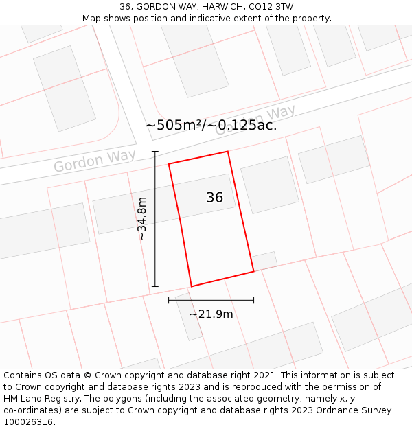 36, GORDON WAY, HARWICH, CO12 3TW: Plot and title map