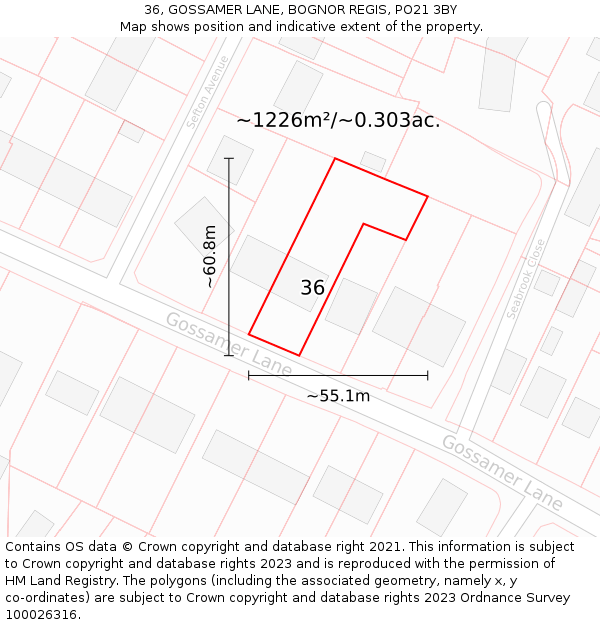 36, GOSSAMER LANE, BOGNOR REGIS, PO21 3BY: Plot and title map