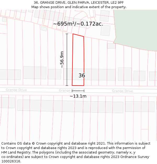 36, GRANGE DRIVE, GLEN PARVA, LEICESTER, LE2 9PF: Plot and title map