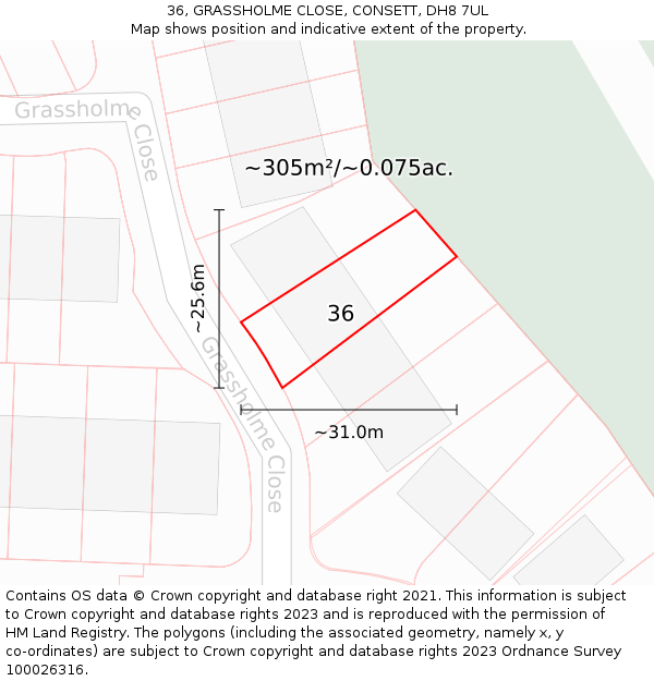 36, GRASSHOLME CLOSE, CONSETT, DH8 7UL: Plot and title map