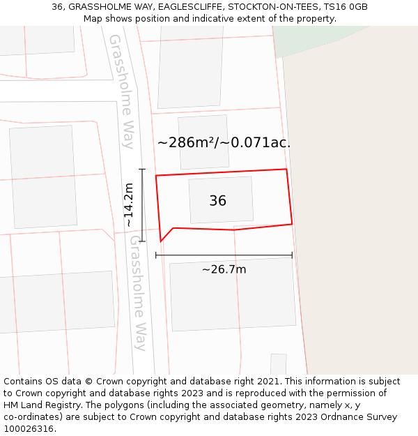 36, GRASSHOLME WAY, EAGLESCLIFFE, STOCKTON-ON-TEES, TS16 0GB: Plot and title map