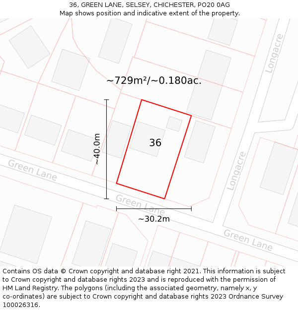 36, GREEN LANE, SELSEY, CHICHESTER, PO20 0AG: Plot and title map