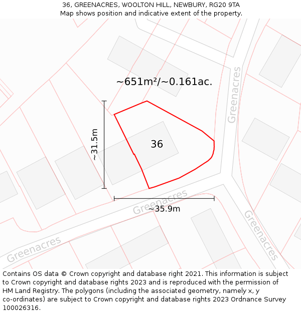 36, GREENACRES, WOOLTON HILL, NEWBURY, RG20 9TA: Plot and title map