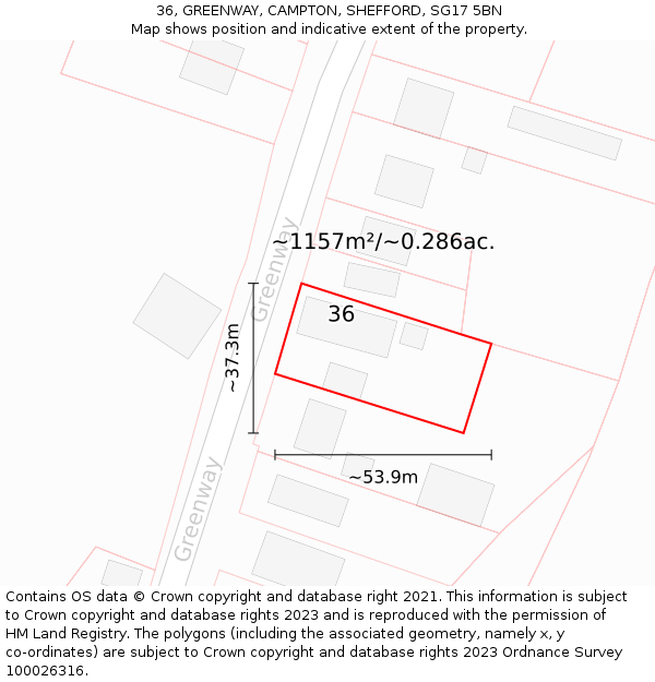 36, GREENWAY, CAMPTON, SHEFFORD, SG17 5BN: Plot and title map