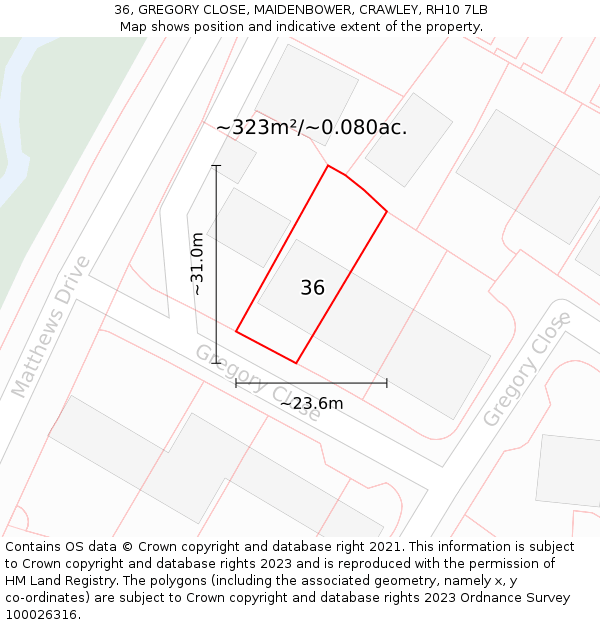 36, GREGORY CLOSE, MAIDENBOWER, CRAWLEY, RH10 7LB: Plot and title map