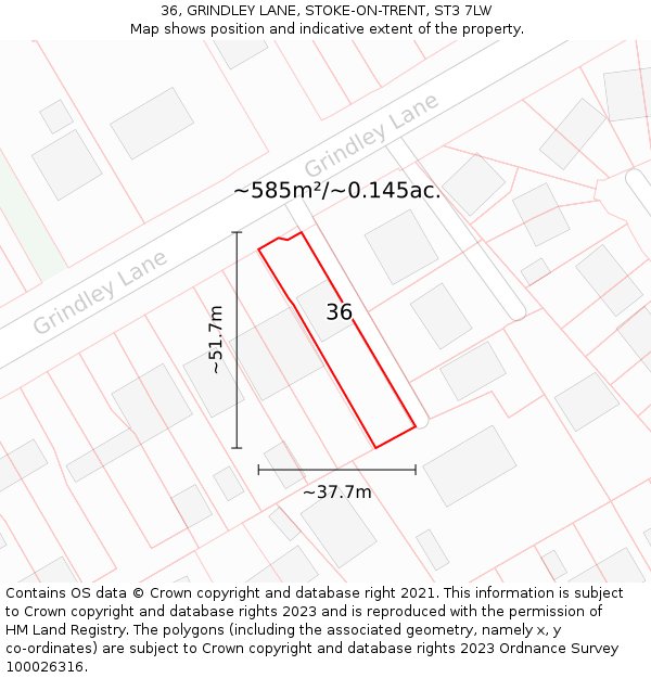 36, GRINDLEY LANE, STOKE-ON-TRENT, ST3 7LW: Plot and title map