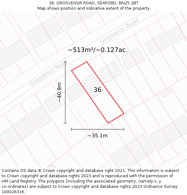 36, GROSVENOR ROAD, SEAFORD, BN25 2BT: Plot and title map