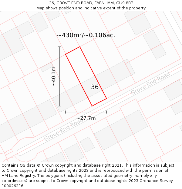 36, GROVE END ROAD, FARNHAM, GU9 8RB: Plot and title map