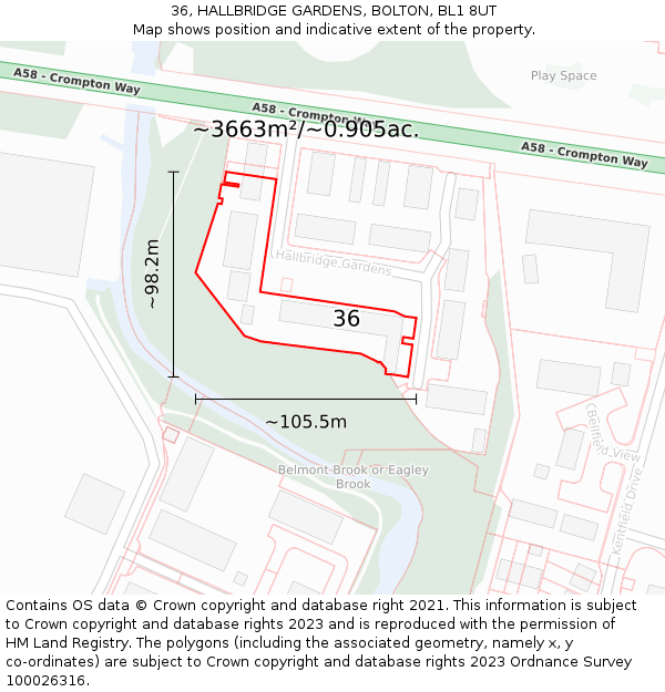 36, HALLBRIDGE GARDENS, BOLTON, BL1 8UT: Plot and title map