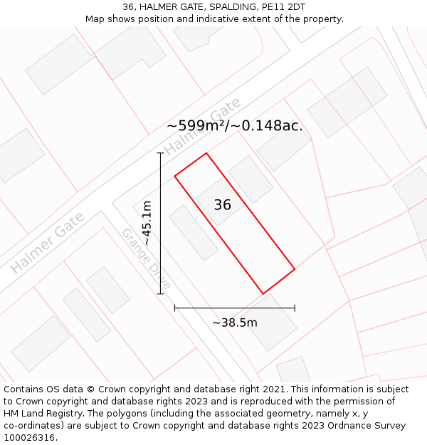 36, HALMER GATE, SPALDING, PE11 2DT: Plot and title map