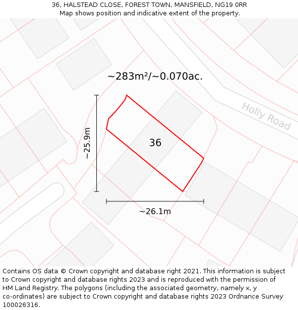 36, HALSTEAD CLOSE, FOREST TOWN, MANSFIELD, NG19 0RR: Plot and title map