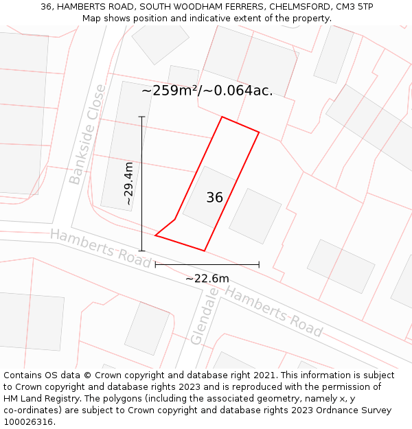 36, HAMBERTS ROAD, SOUTH WOODHAM FERRERS, CHELMSFORD, CM3 5TP: Plot and title map
