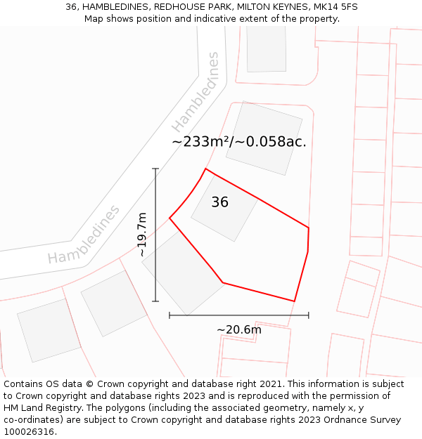 36, HAMBLEDINES, REDHOUSE PARK, MILTON KEYNES, MK14 5FS: Plot and title map