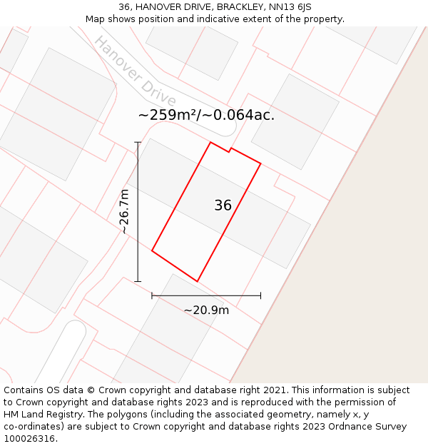 36, HANOVER DRIVE, BRACKLEY, NN13 6JS: Plot and title map