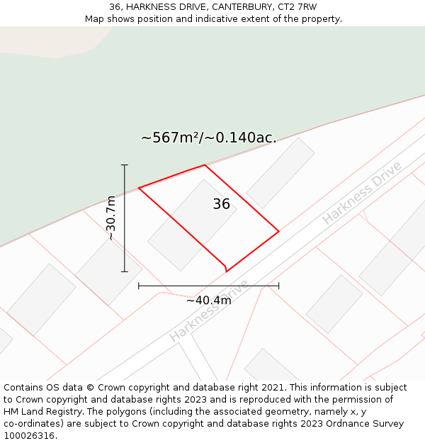 36, HARKNESS DRIVE, CANTERBURY, CT2 7RW: Plot and title map