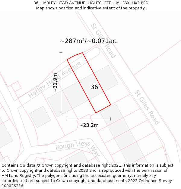 36, HARLEY HEAD AVENUE, LIGHTCLIFFE, HALIFAX, HX3 8FD: Plot and title map