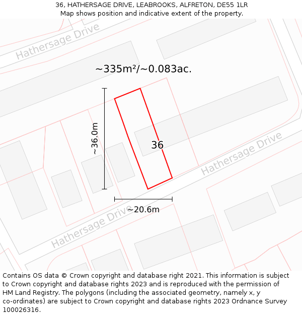 36, HATHERSAGE DRIVE, LEABROOKS, ALFRETON, DE55 1LR: Plot and title map