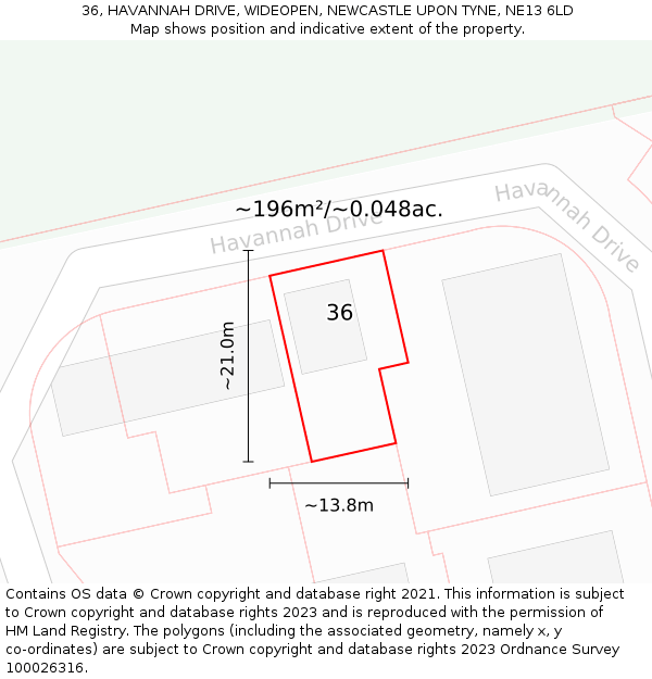 36, HAVANNAH DRIVE, WIDEOPEN, NEWCASTLE UPON TYNE, NE13 6LD: Plot and title map