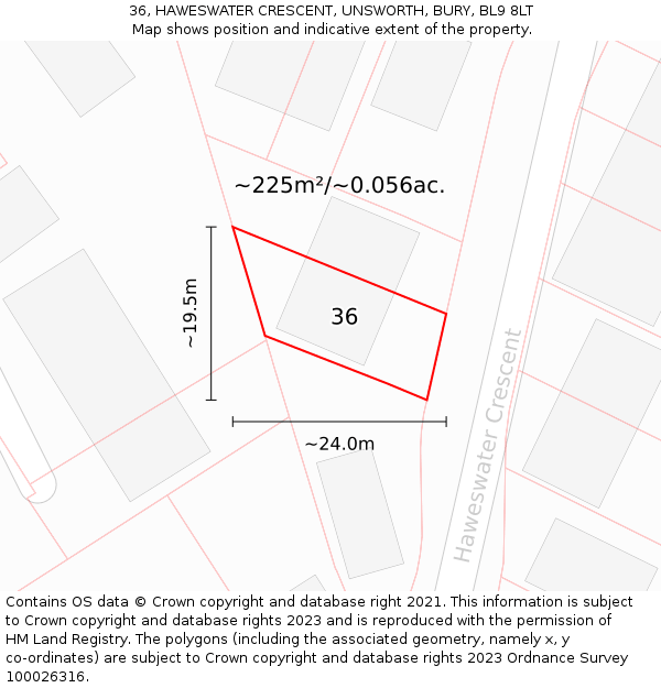 36, HAWESWATER CRESCENT, UNSWORTH, BURY, BL9 8LT: Plot and title map