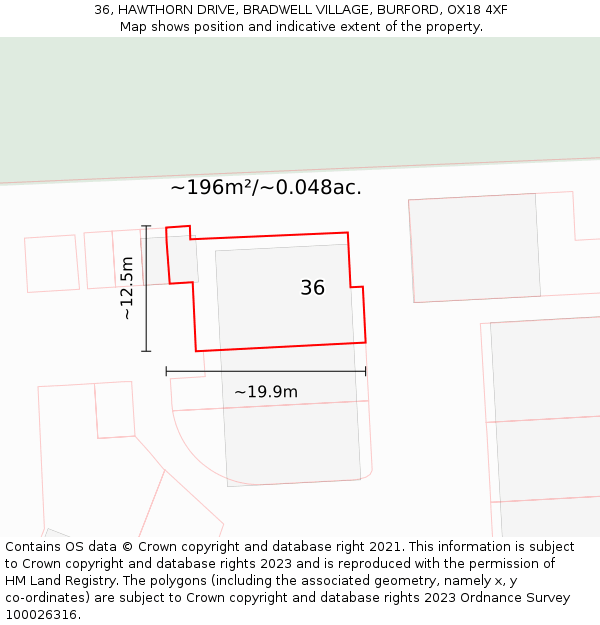 36, HAWTHORN DRIVE, BRADWELL VILLAGE, BURFORD, OX18 4XF: Plot and title map