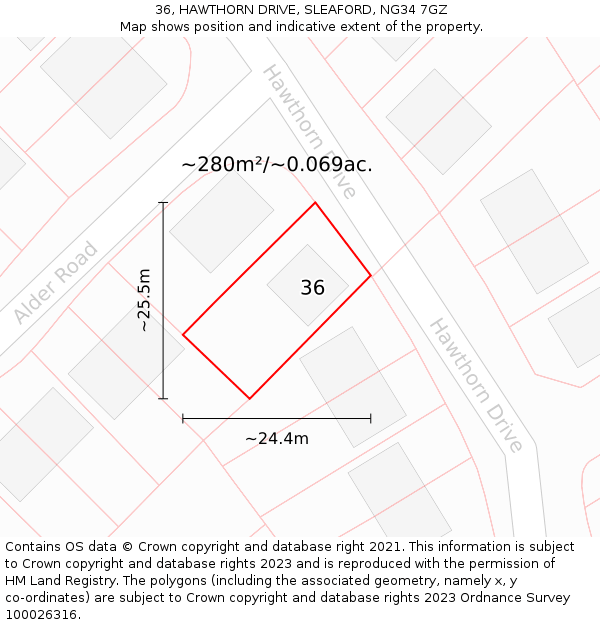 36, HAWTHORN DRIVE, SLEAFORD, NG34 7GZ: Plot and title map