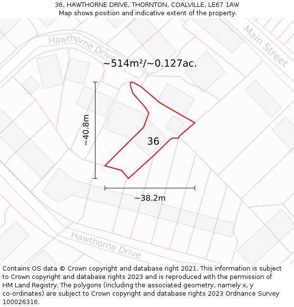 36, HAWTHORNE DRIVE, THORNTON, COALVILLE, LE67 1AW: Plot and title map