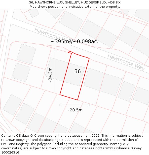 36, HAWTHORNE WAY, SHELLEY, HUDDERSFIELD, HD8 8JX: Plot and title map