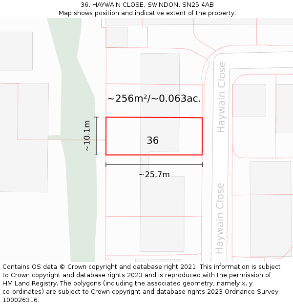 36, HAYWAIN CLOSE, SWINDON, SN25 4AB: Plot and title map