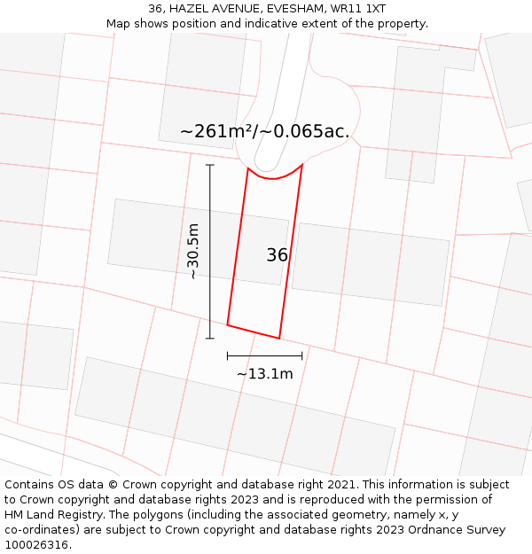 36, HAZEL AVENUE, EVESHAM, WR11 1XT: Plot and title map