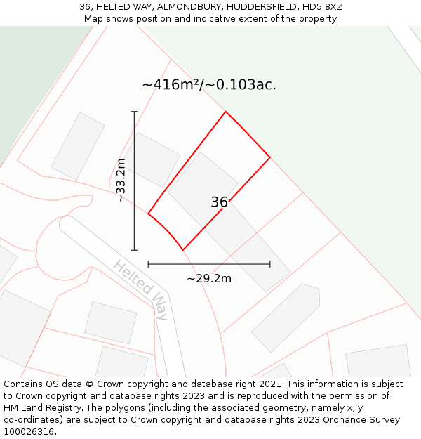 36, HELTED WAY, ALMONDBURY, HUDDERSFIELD, HD5 8XZ: Plot and title map