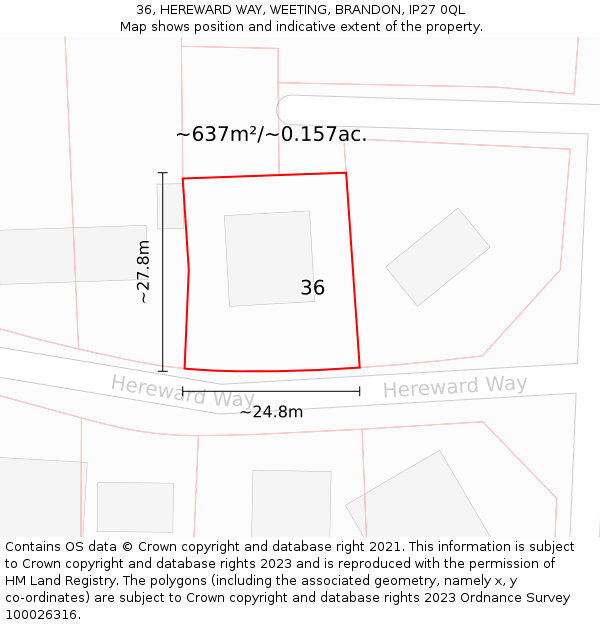 36, HEREWARD WAY, WEETING, BRANDON, IP27 0QL: Plot and title map