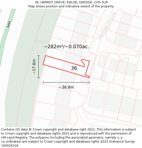 36, HERRIOT GROVE, EWLOE, DEESIDE, CH5 3UR: Plot and title map