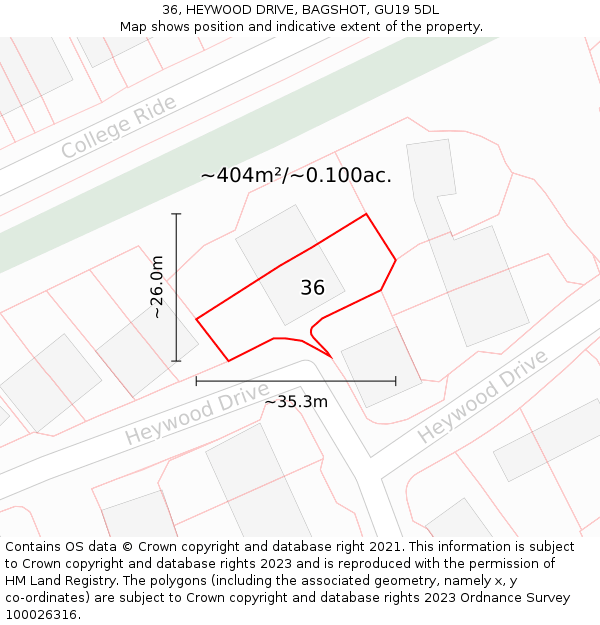 36, HEYWOOD DRIVE, BAGSHOT, GU19 5DL: Plot and title map